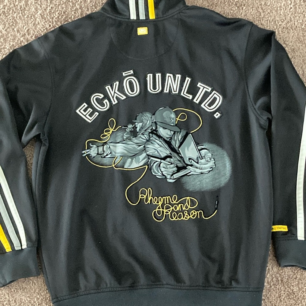 Vintage Ecko Unltd Black Jacket w/Yellow Accents Size S Gray Black Yellow White